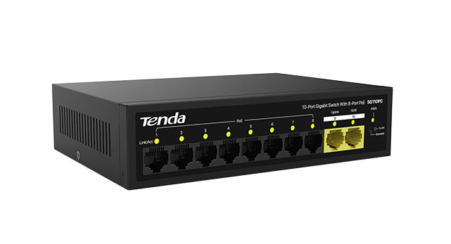 Tenda SG110PC 10-Port Gigabit Lite PoE Switch with 8-Port PoE | 100W PoE Budget | Desktop / Wall Mounting Supported | 4KV lighting protection Tenda SG110PC 10-Port Gigabit Lite PoE Switch with 8-Port PoE | 100W PoE Budget | Desktop / Wall Mounting Supported | 4KV lighting protection